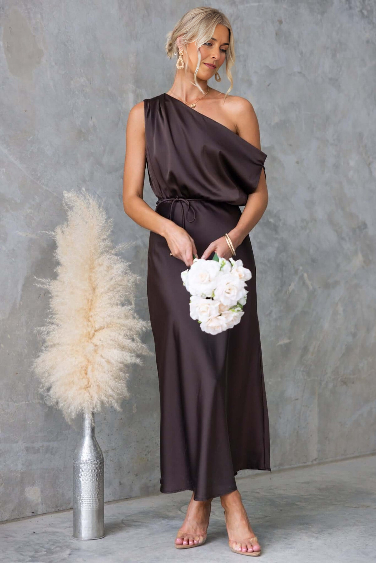 Women's Elegant One-Shoulder Satin Maxi Dress Coctail Bridesmaid Dresses with Side Draping and Waist Tie Detail