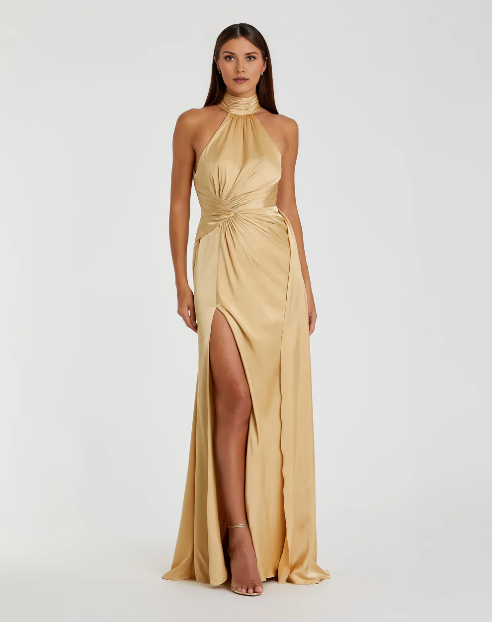Halter Neck Twist Waist Satin Gown with Open Back & High Slit