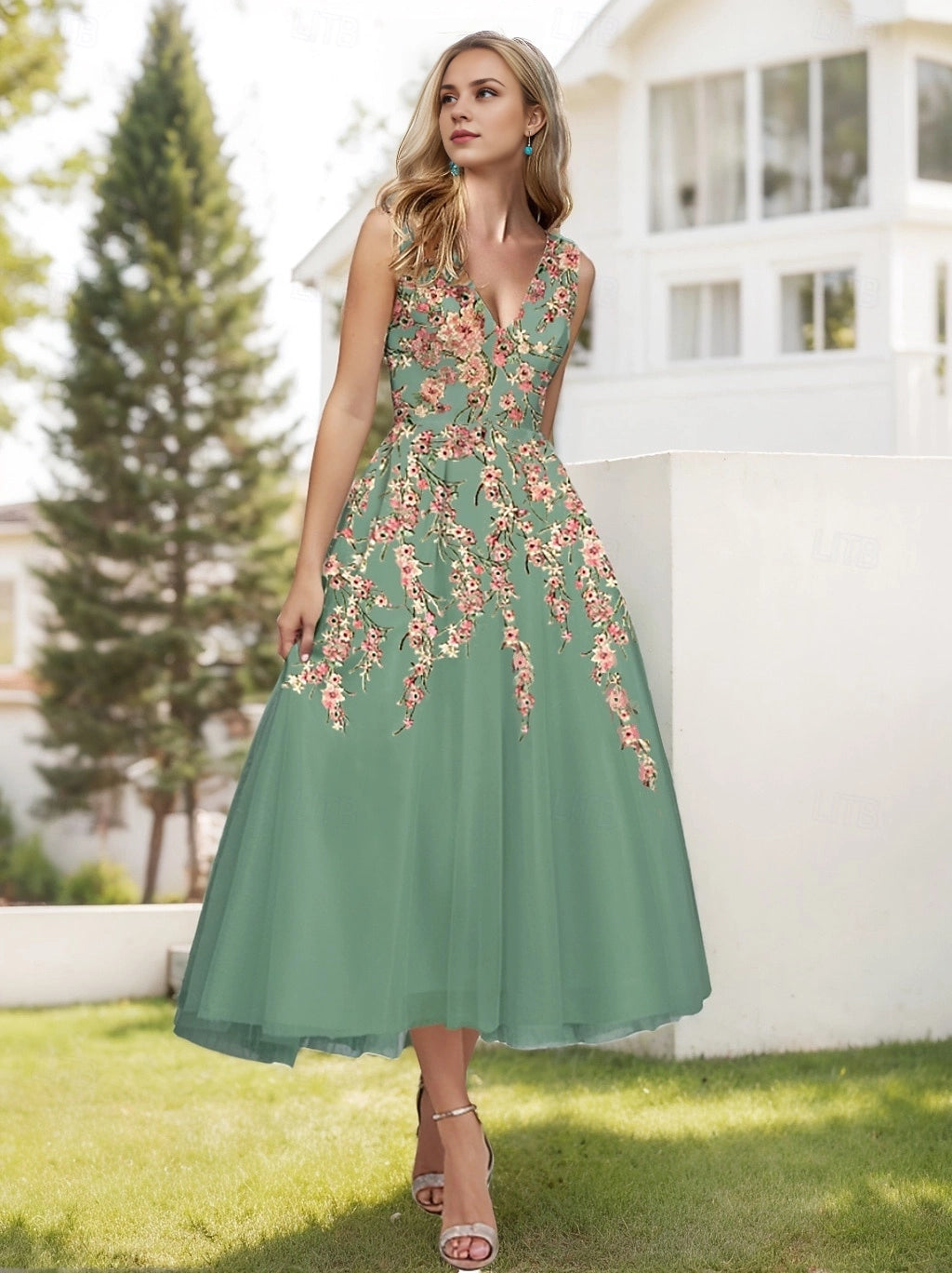 Vedress sage green sleeveless a line midi prom dress front view floral embroidery garden formal gown