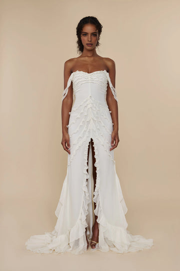 Vedress white ruffle strapless mermaid wedding gown front view with high slit