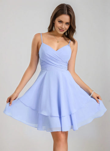 Vedress light blue chiffon v neck ruched a line mini homecoming dress front view