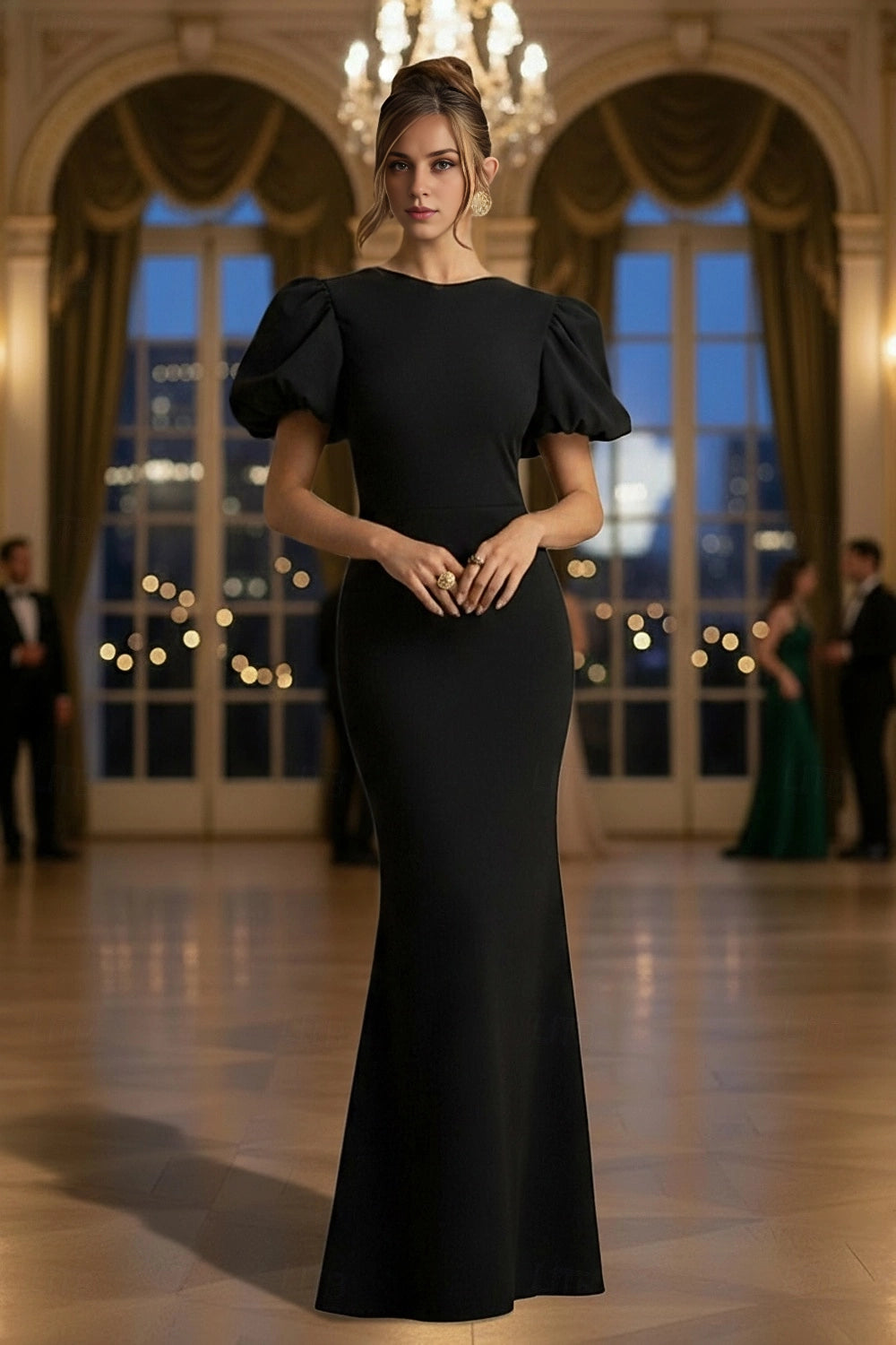 Vedress classic black round neck puff sleeve mermaid long prom dress formal evening gown