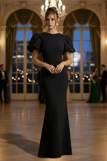 Vedress classic black round neck puff sleeve mermaid long prom dress formal evening gown