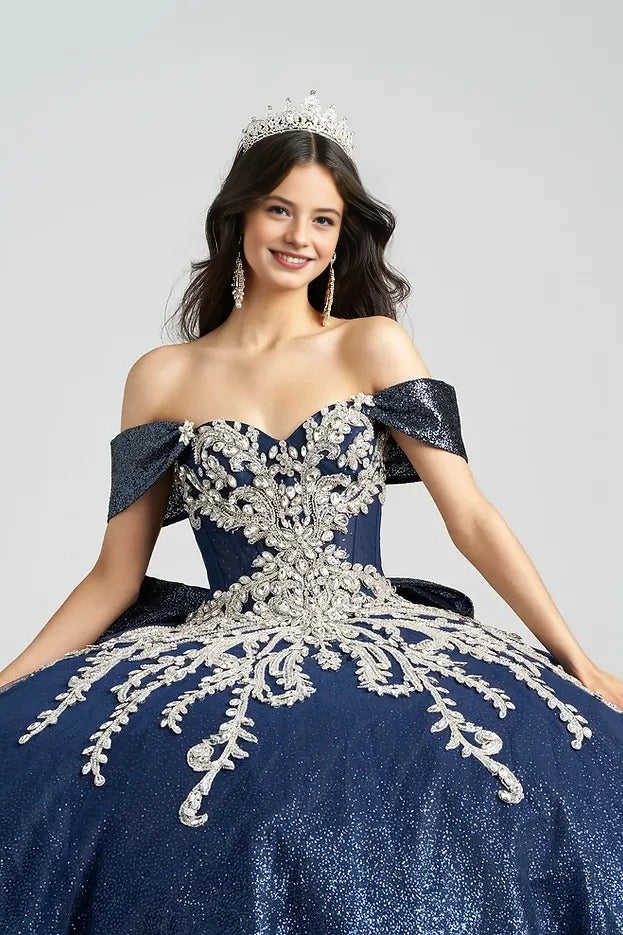 Glitter Ball Gown Sweetheart Off Shoulder Corset Back Train Quinceañera Dress