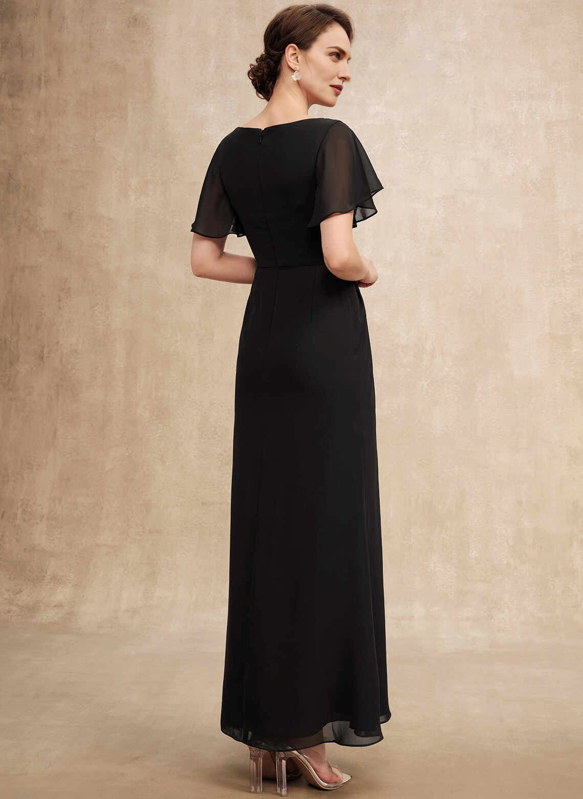 Classic A‑Line Bateau Flutter Sleeve Ruched Waist Long Mother Of The Bride Dress