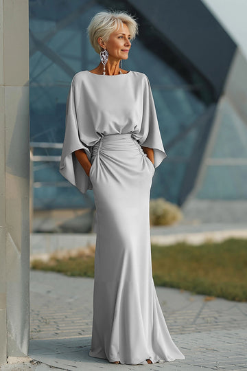 Vedress light gray satin dolman sleeve mermaid maxi wedding guest dress front view with pockets