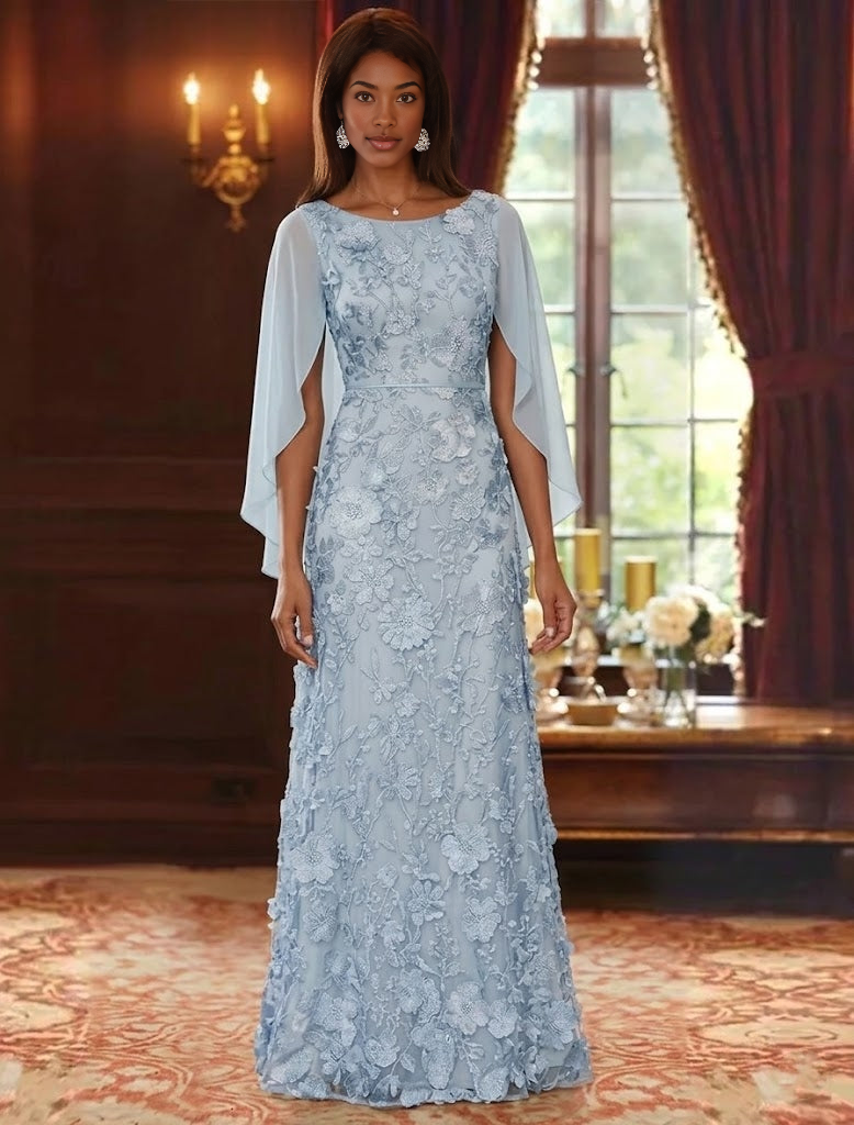 A-Line Scoop Chiffon Maxi Formal Mother of the Bride Dresses Lace Floral Floor-Length Cape Sleeves Evening Gown