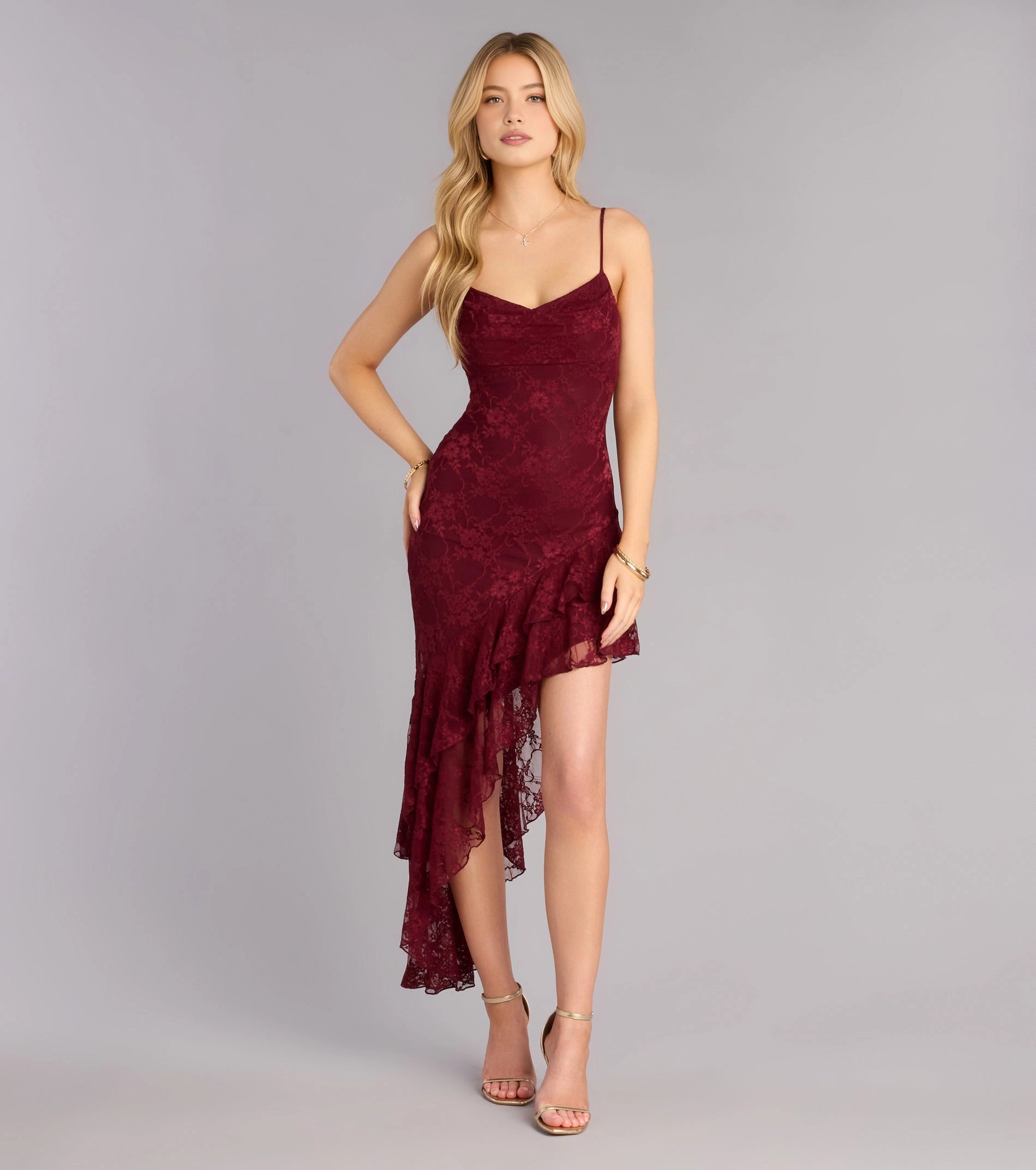 Vedress burgundy floral lace v neck asymmetrical ruffle maxi homecoming dress front view teen girls