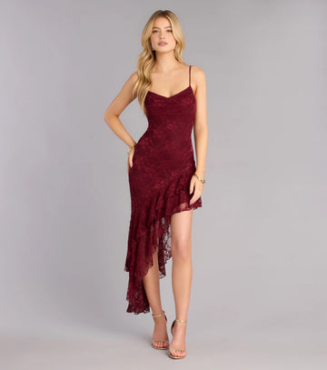Vedress burgundy floral lace v neck asymmetrical ruffle maxi homecoming dress front view teen girls