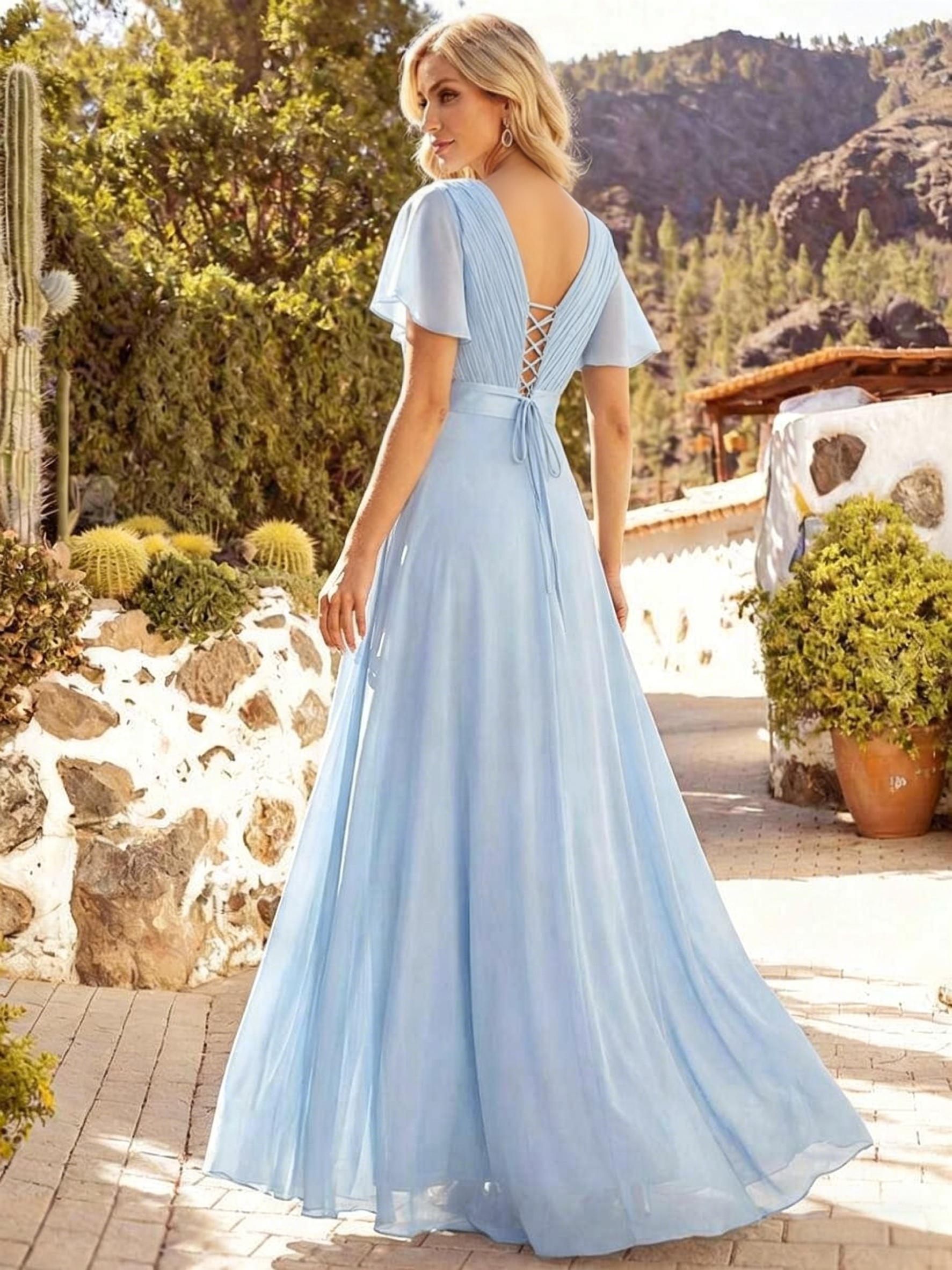 V-Neck Flutter Sleeve Chiffon Bridesmaid Dress - Floor-Length A-Line Formal Gown