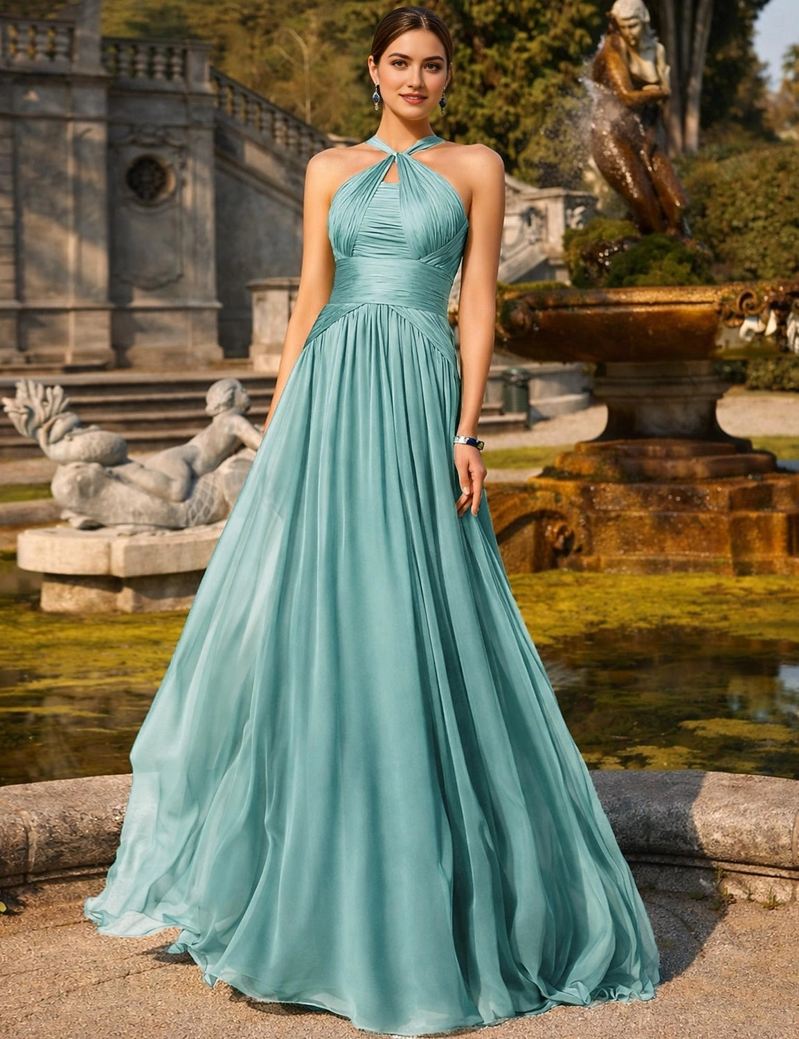 Vedress mint turquoise twisted halter sleeveless chiffon flowy a line prom dress outdoor garden front view