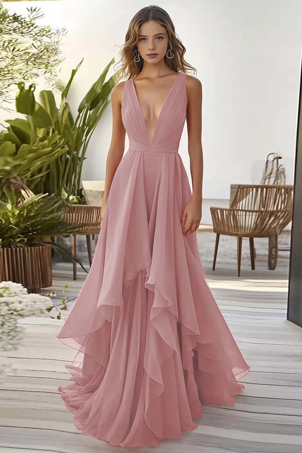 Flowy A Line Deep V Sleeveless Back Zip Train Maxi Wedding Guest Dress