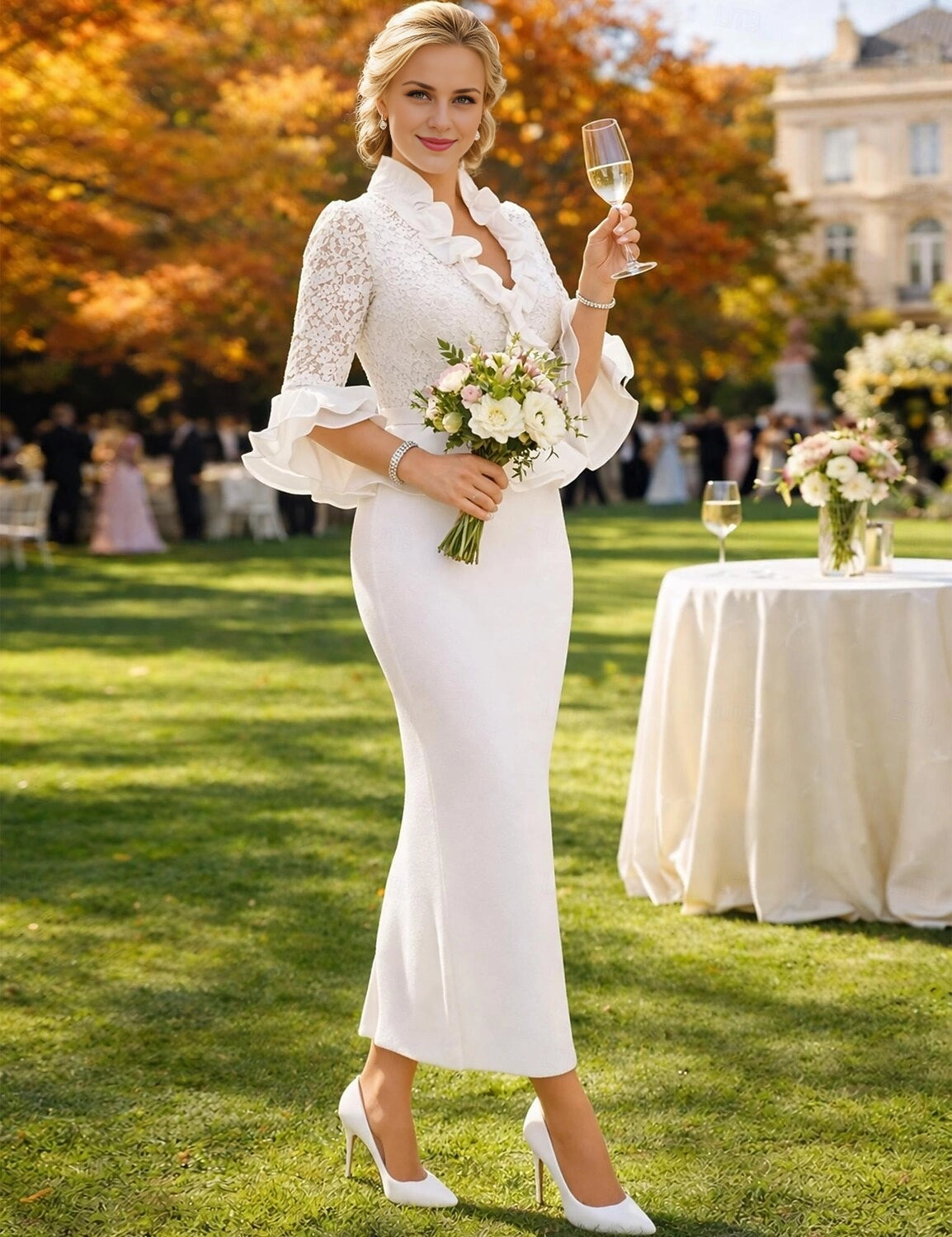 Vedress white lace sheath midi mother of bride dress front view stand collar flared ruffle sleeves