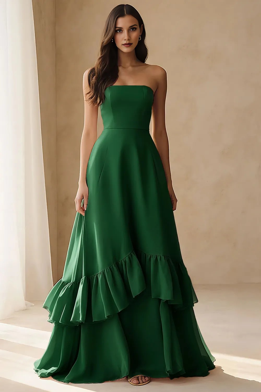 Strapless Tiered Ruffle Chiffon A-Line Formal Evening Gown