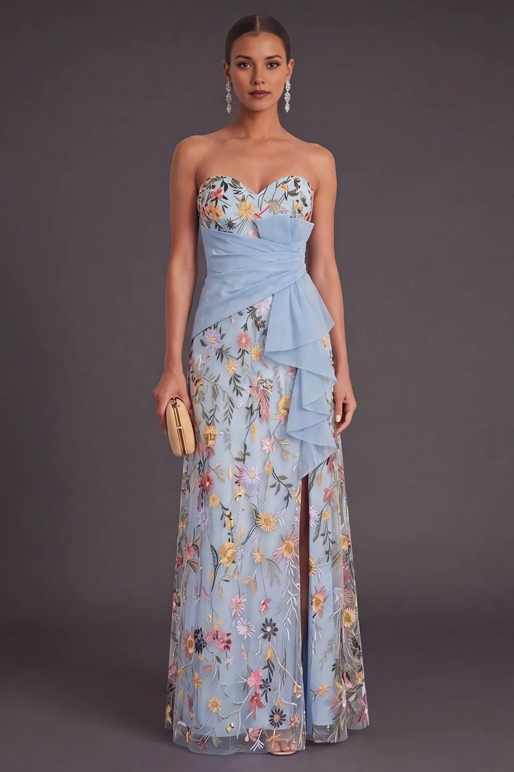 Strapless Sweetheart Floral Embroidery Tulle Gown with Asymmetrical Ruffle Wrap Waist & High Slit