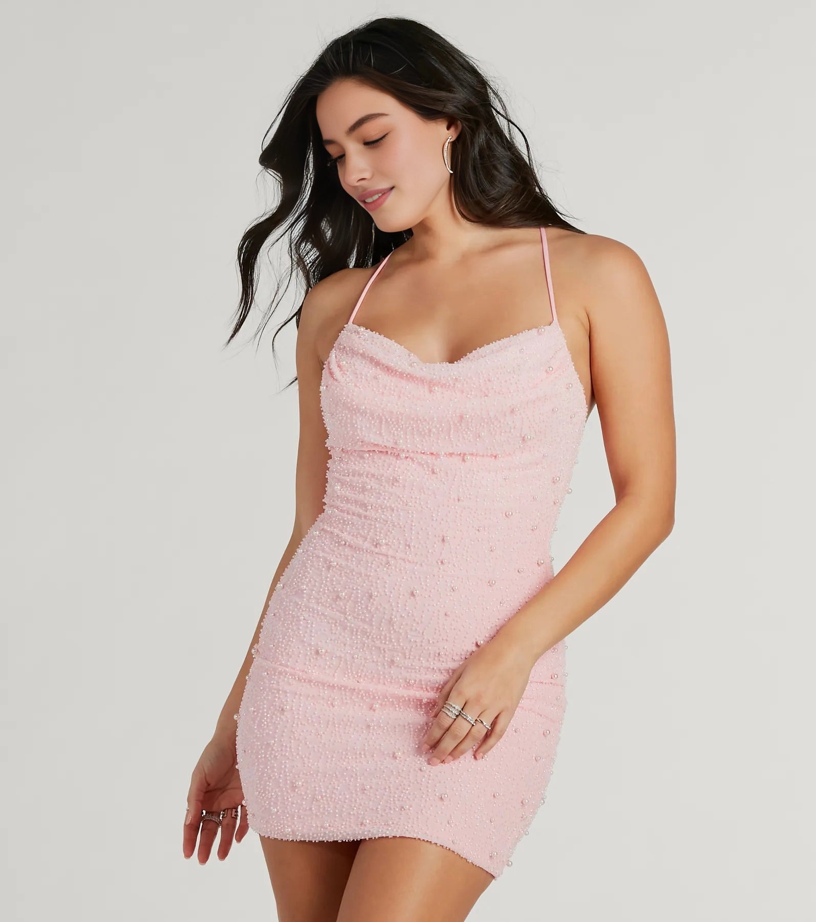 Glam Bodycon Cowl Spaghetti Strap Criss Cross Back Mini Homecoming Dress
