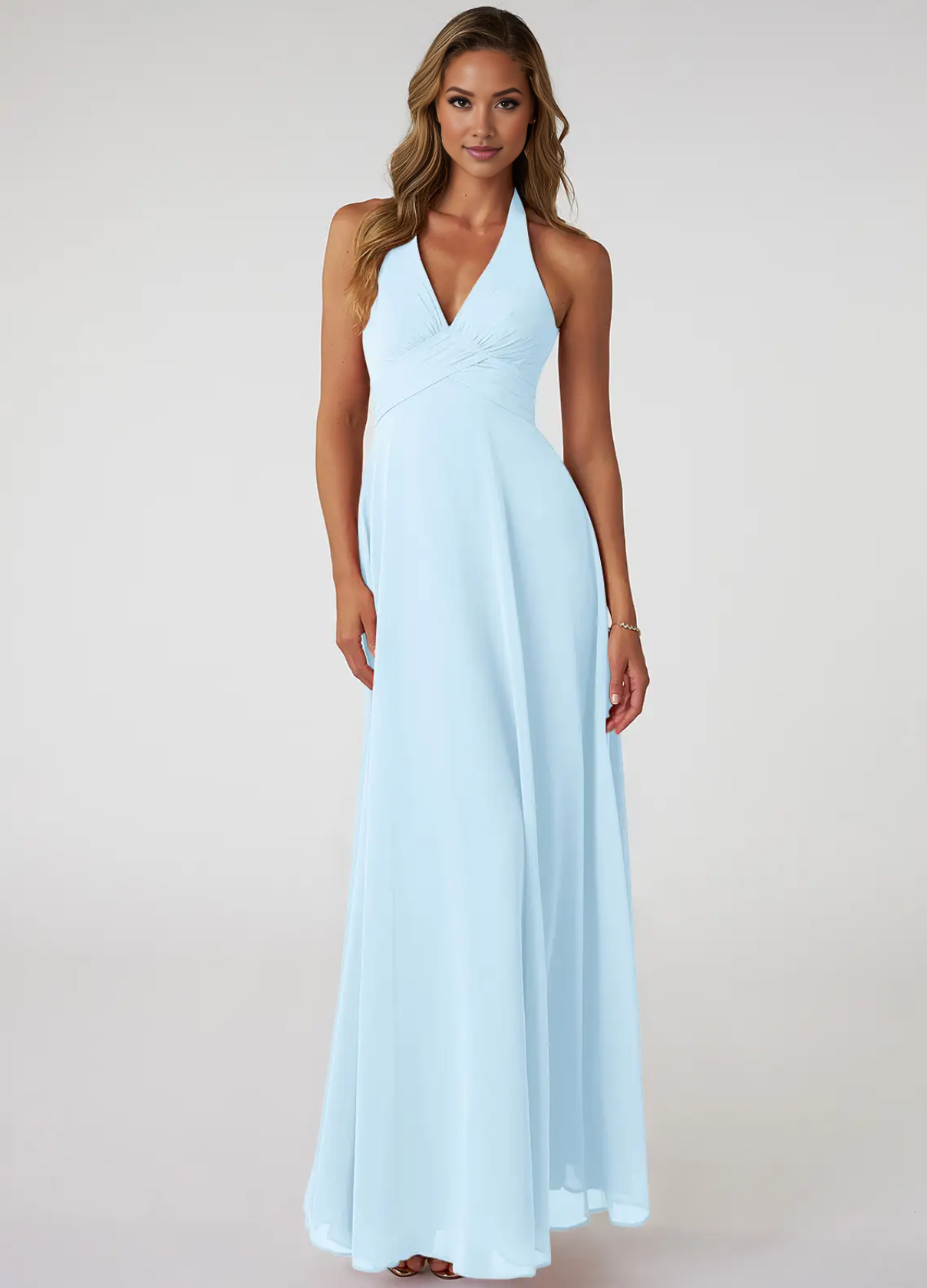 Women's  V-Neck Pleated Chiffon Coctail Bridesmaid Dresses Ruching A-Line Maxi Formal Evening Gown