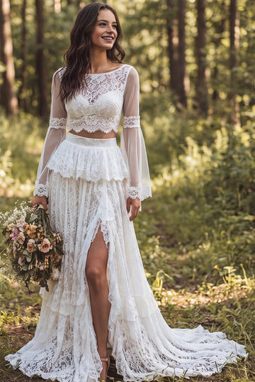 Vedress two piece lace boho wedding dress bateau bell sleeve tiered ruffle woodland bridal gown
