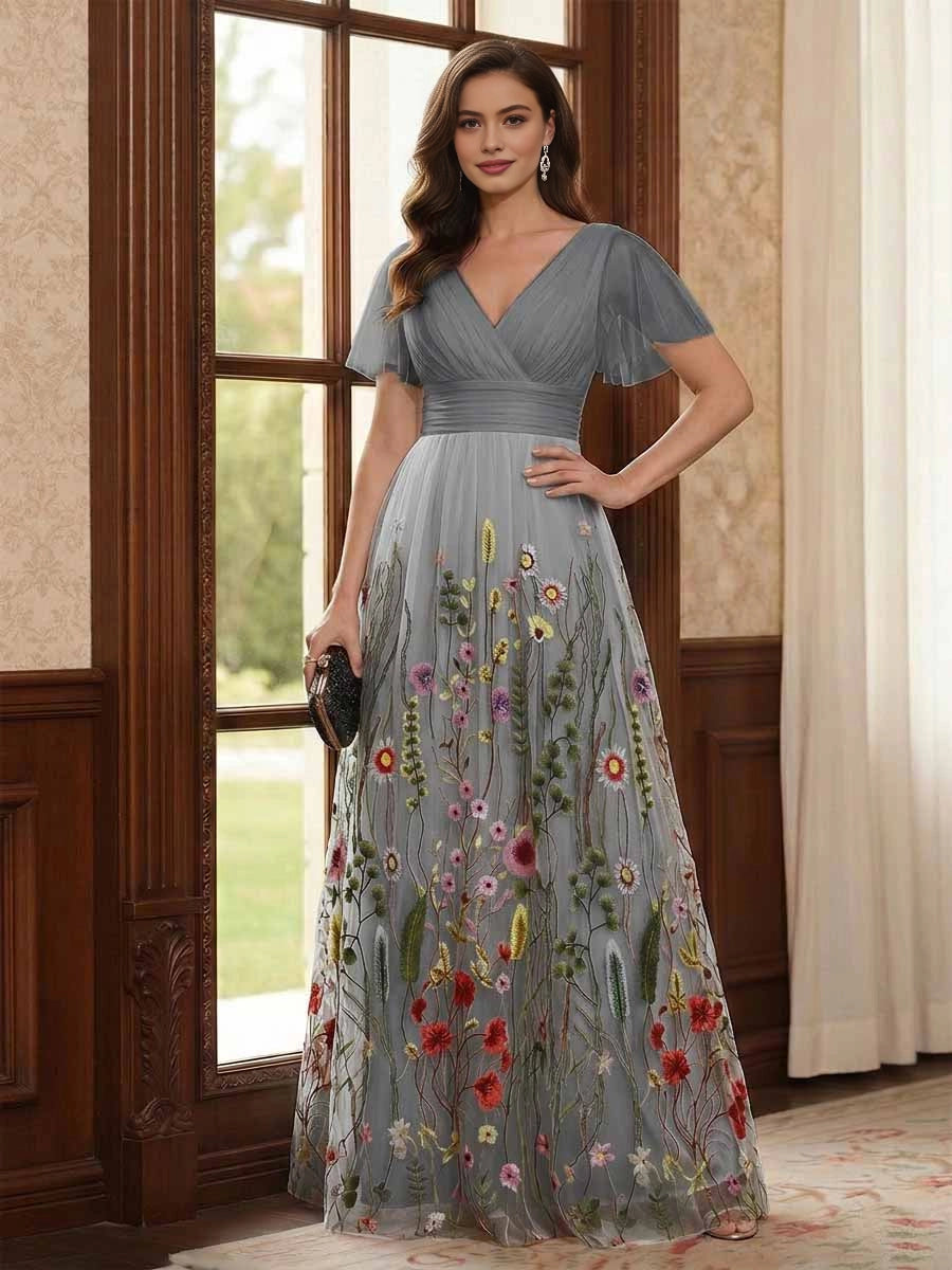 Gorgeous Black A‑Line V‑Neck Flutter‑Sleeve V‑Back Floor‑Length Floral Embroidered Mother Of The Bride Dress