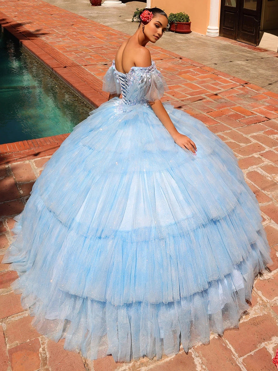 Vedress light blue quinceanera dress off-shoulder lace-up corset back multi-layer cake glitter tulle ballgown back view