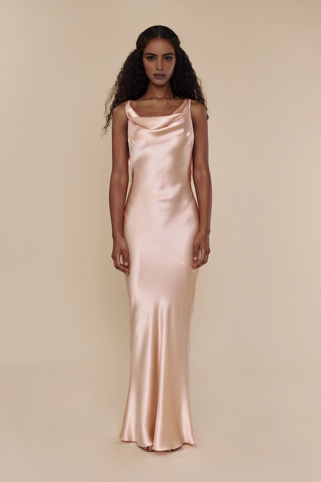Vedress champagne satin cowl neck sheath prom dress front view
