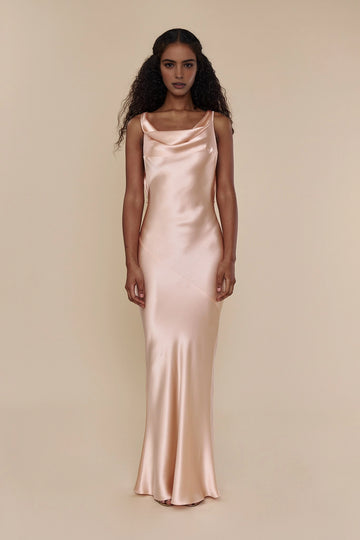 Vedress champagne satin cowl neck sheath prom dress front view