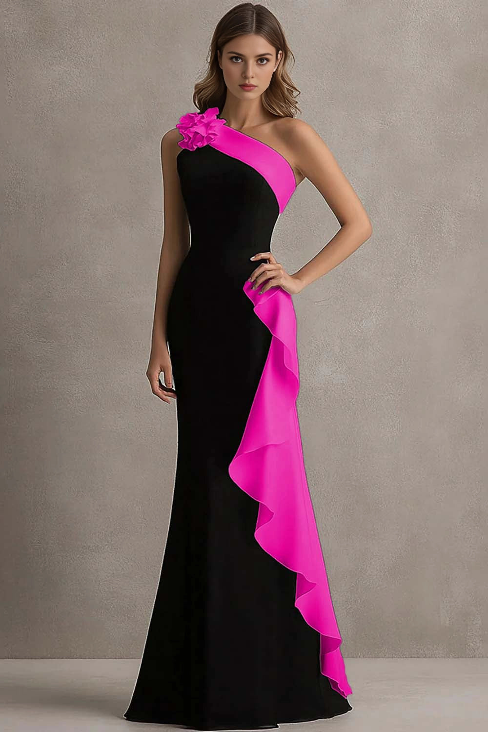 Black White Mermaid One Shoulder Closed Back Long Prom Dress