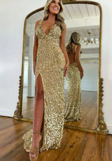 Sparkly Mermaid V Neck Gold Sequins Long Prom Dress Open Back Sweep/Brush Evening Dresses With Slit