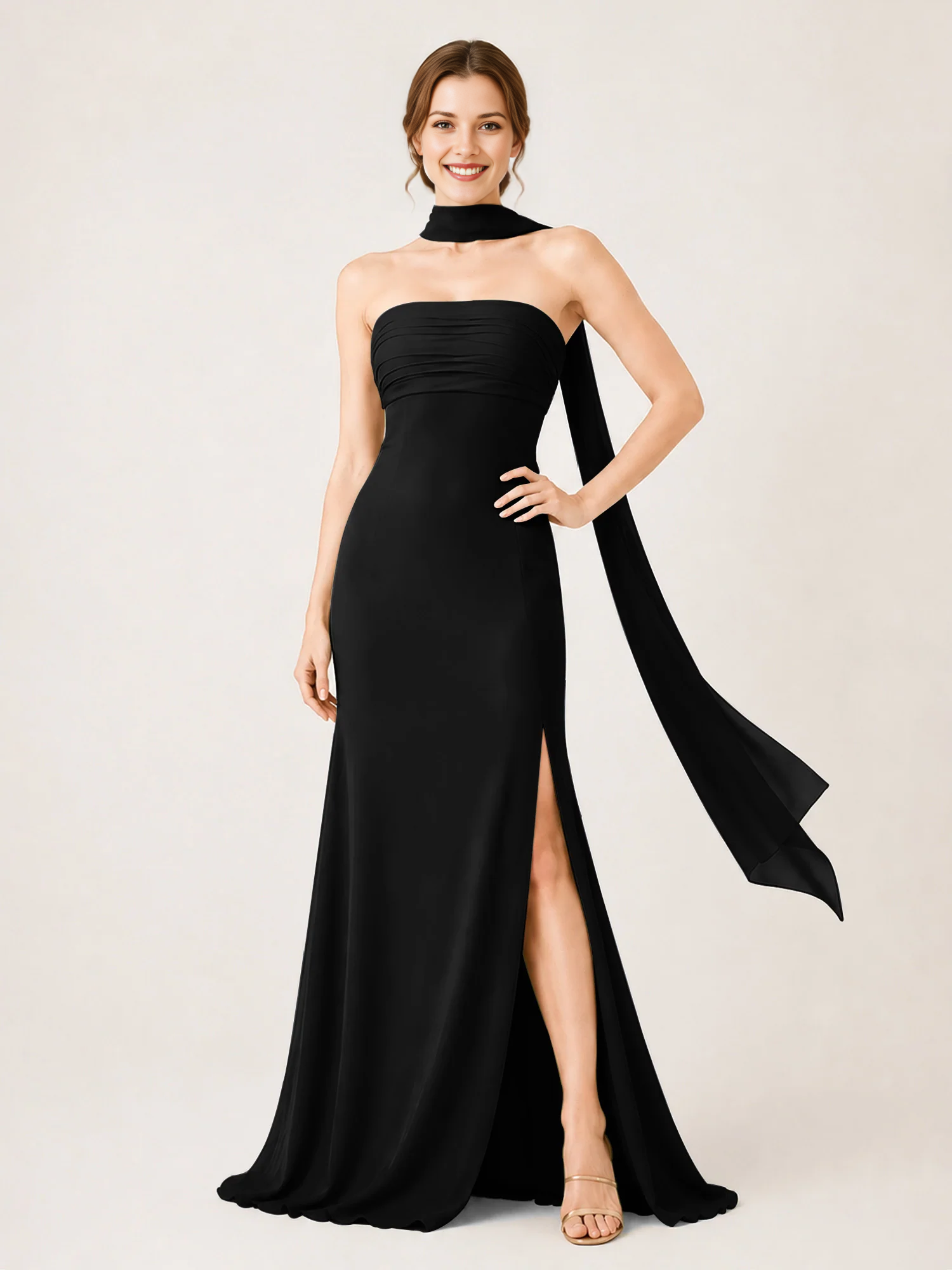 Strapless Ruched Chiffon Mermaid Bridesmaid Dress with Choker Scarf & High Slit