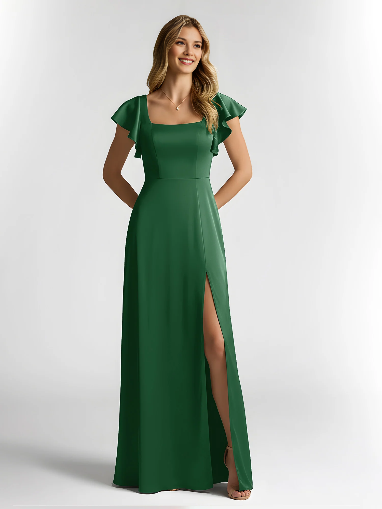 Square Neck Flutter Sleeve Satin A-Line Bridesmaid Maxi Dress with Slit
