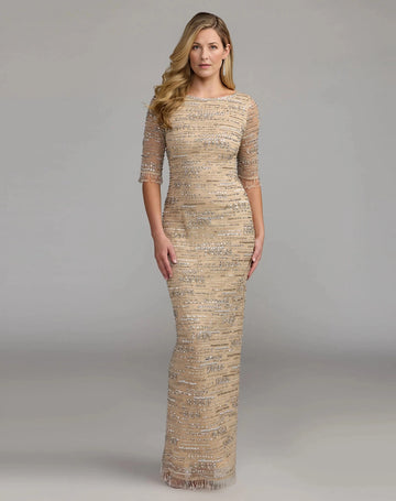 Vedress champagne sheath mother of the bride dress, bateau neck, half sleeves, allover silver beaded stripes, sheer mesh overlay.