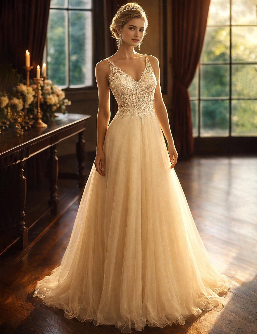 Vedress champagne lace beaded wedding dress v neck spaghetti straps tulle a line gown front view indoor manor