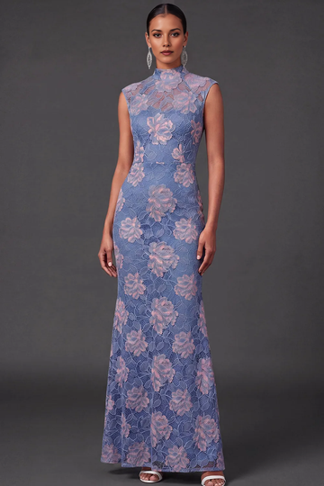 High Neck Cap Sleeve Two-Tone Floral Lace Mermaid Formal Maxi Dress