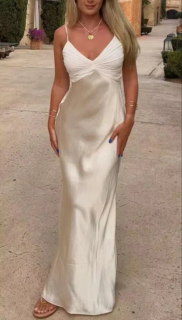 Elegant ivory satin mermaid prom gown with ruched twisted V neck and adjustable thin spaghetti straps