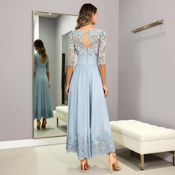 Lace Chiffon Mother of the Bride Dress - 3/4 Sleeve Tea Length Formal Wedding Guest Dress with Keyhole Back