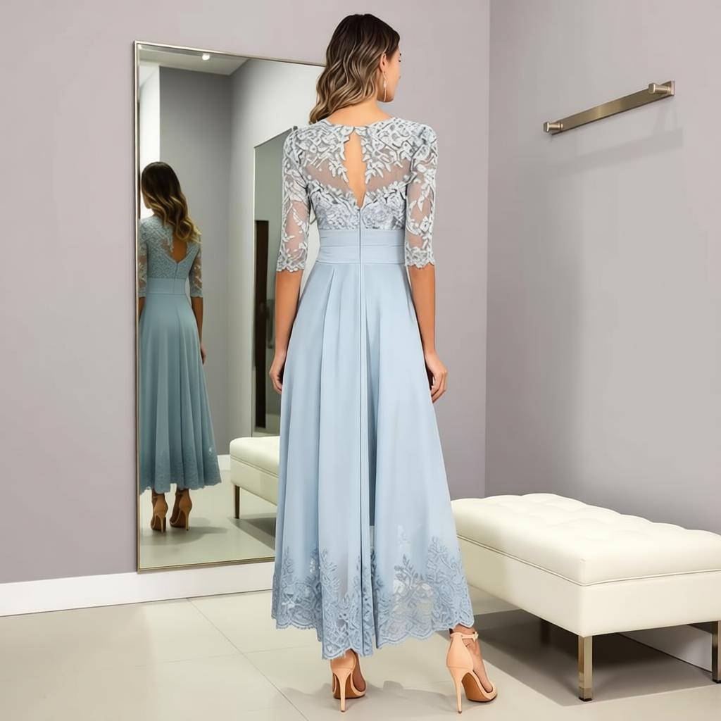 Lace Chiffon Mother of the Bride Dress - 3/4 Sleeve Tea Length Formal Wedding Guest Dress with Keyhole Back