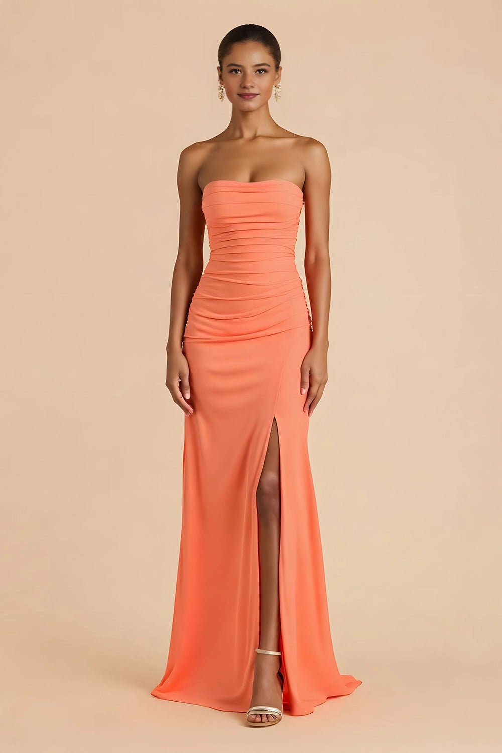 Vedress orange solid strapless mermaid maxi wedding guest dress front view with thigh high slit