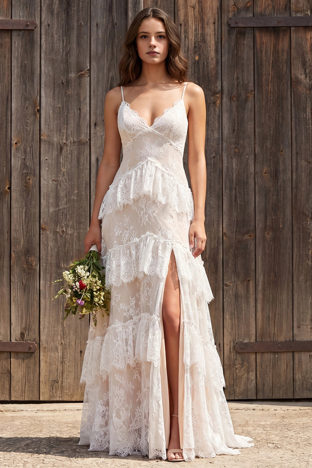 Vedress scalloped lace tiered ruffle wedding dress deep v spaghetti strap high slit rustic barn bridal gown