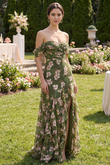 Vedress olive green floral off shoulder maxi wedding guest dress garden lawn photoshoot