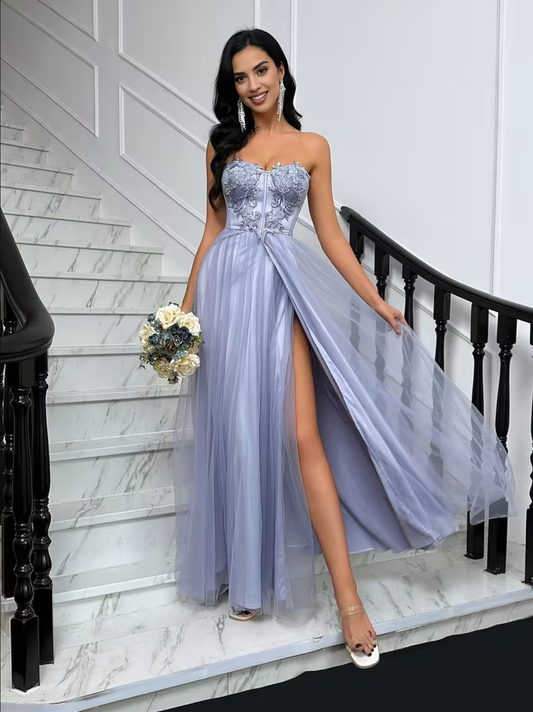 Strapless Beaded Elegant Appliqué Strapless High-Slit Tulle Hem Evening Dress Bridesmaids Corset Gown with High Slit