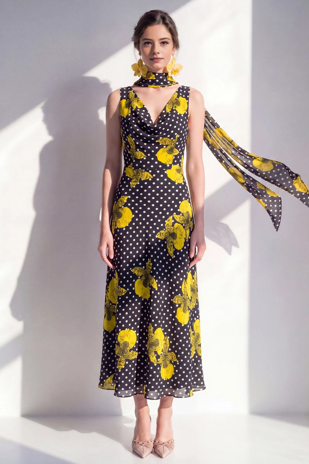Vedress black polka dot yellow floral cowl neck midi wedding guest dress with scarf front view