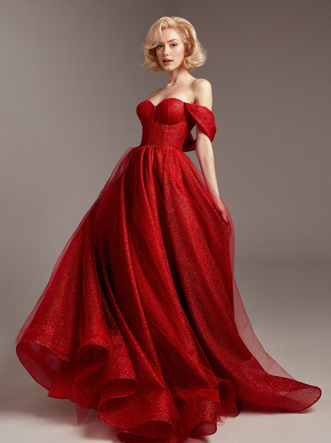 Women's Puff Sleeve Sequin Ball Gown with Strapless Corset Bodice Glitter lace Tulle A-Line Princess Corset Evening Dress