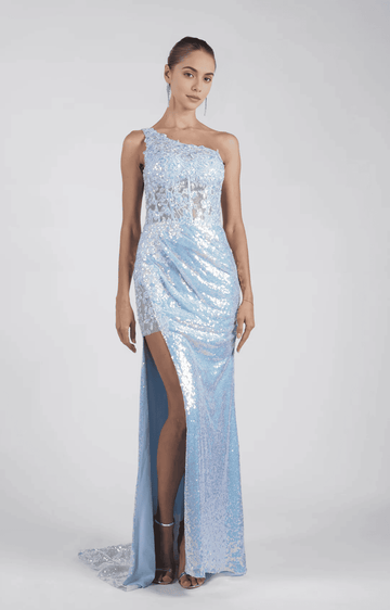Impresionante vestido de noche largo hasta el suelo con lentejuelas, sirena, un hombro y espalda transparente, elegante para fiesta de graduación