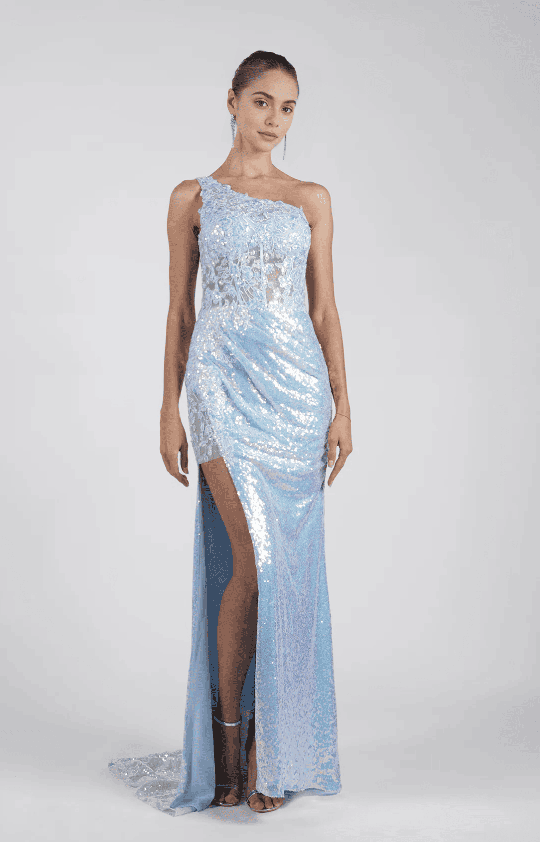 Impresionante vestido de noche largo hasta el suelo con lentejuelas, sirena, un hombro y espalda transparente, elegante para fiesta de graduación