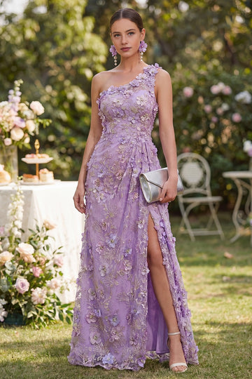 Vedress lavender 3d floral applique one shoulder high slit mermaid wedding guest dress front view