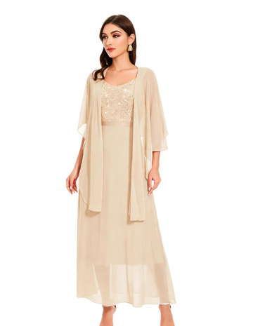 Champagne Chiffon Mother of the Bride Dress with Sheer Shawl - Ankle-Length Formal Gown for Wedding Guest