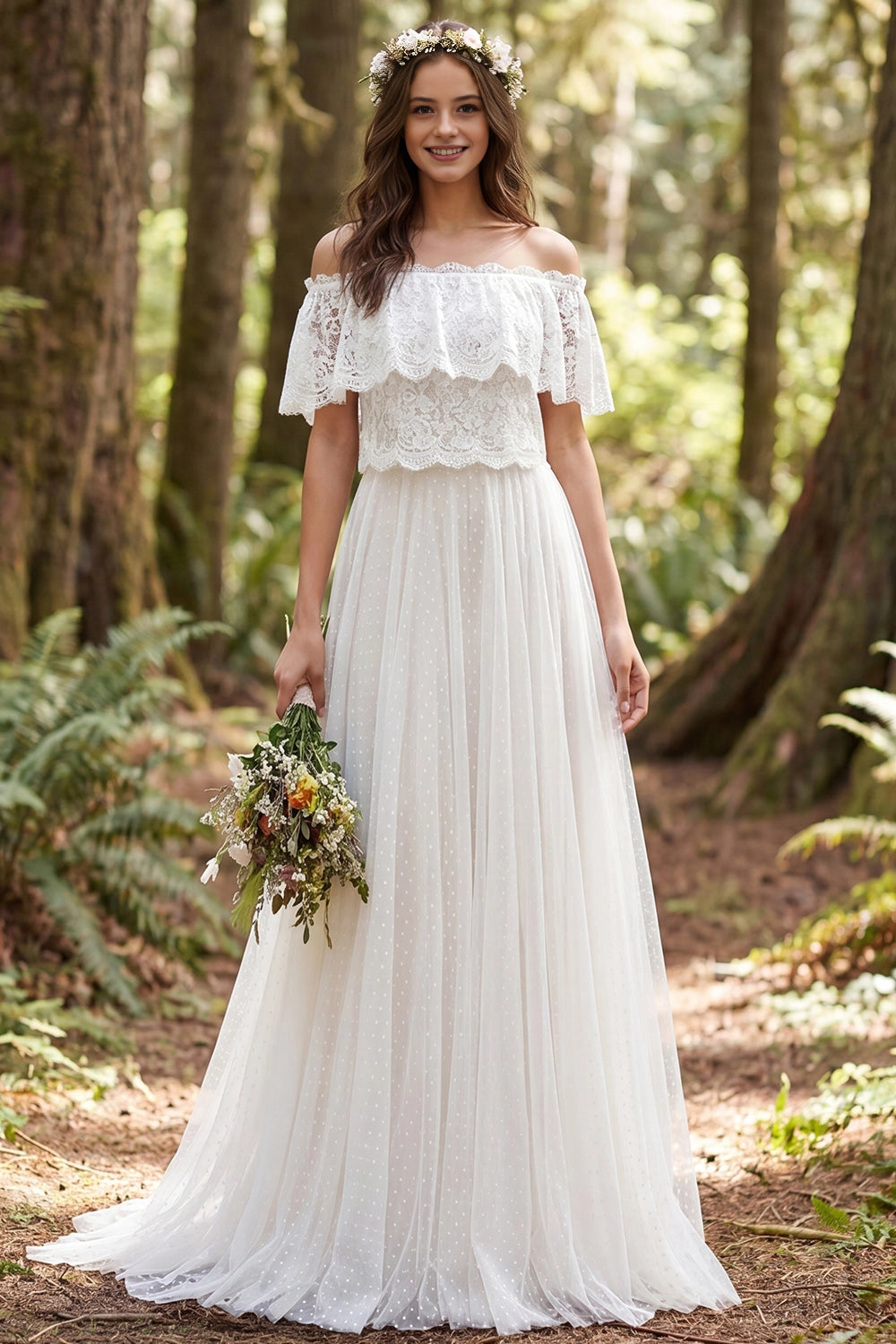 Vedress off shoulder ruffle lace polka dot tulle a-line wedding dress woodland forest bridal gown