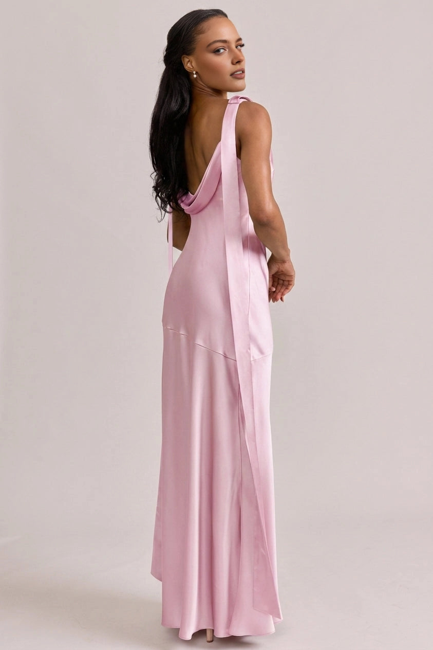 Soft Mermaid Cowl Neck Sleeveless Cowl Back Maxi Bridesmaid Dress