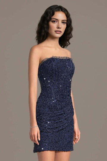 Roselle Dress navy beaded strapless corset mini homecoming dress front view