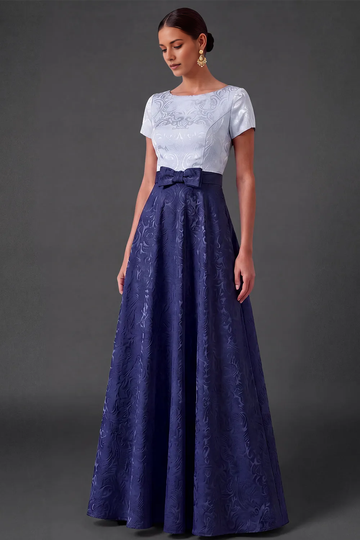 Bateau Neck Short Sleeve Two-Tone Jacquard A-Line Maxi Formal Dress with Waist Bow